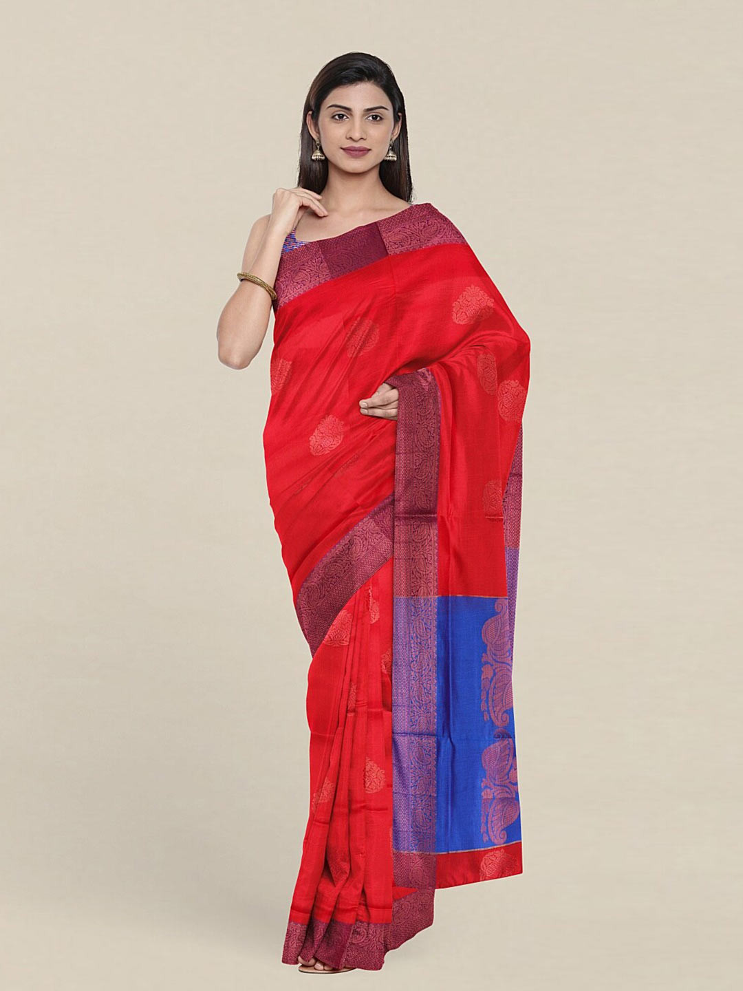 

Pothys Red & Blue Ethnic Motifs Zari Pure Cotton Saree
