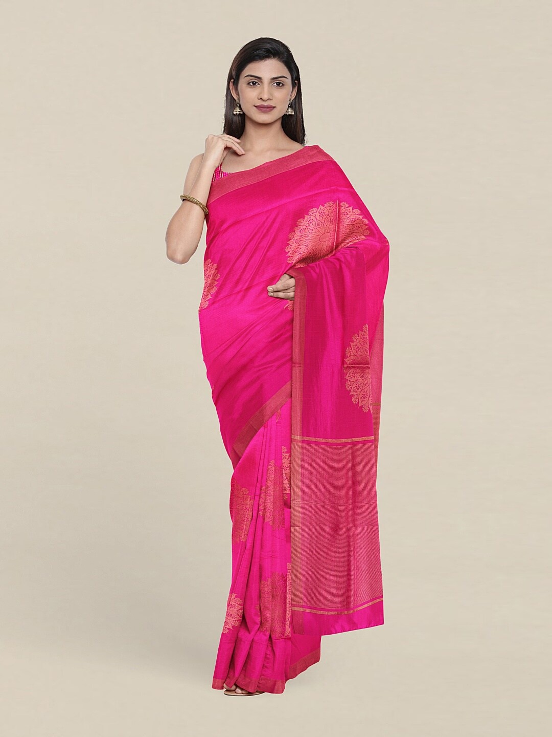 

Pothys Pink & Gold-Toned Ethnic Motifs Zari Pure Cotton Saree