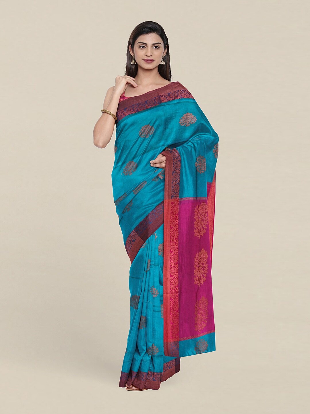 

Pothys Turquoise Blue & Pink Ethnic Motifs Zari Pure Cotton Saree