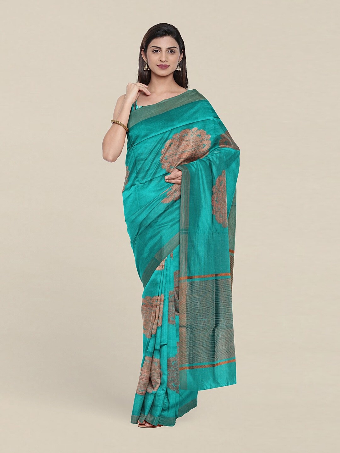 

Pothys Blue & Copper-Toned Ethnic Motifs Zari Pure Cotton Saree