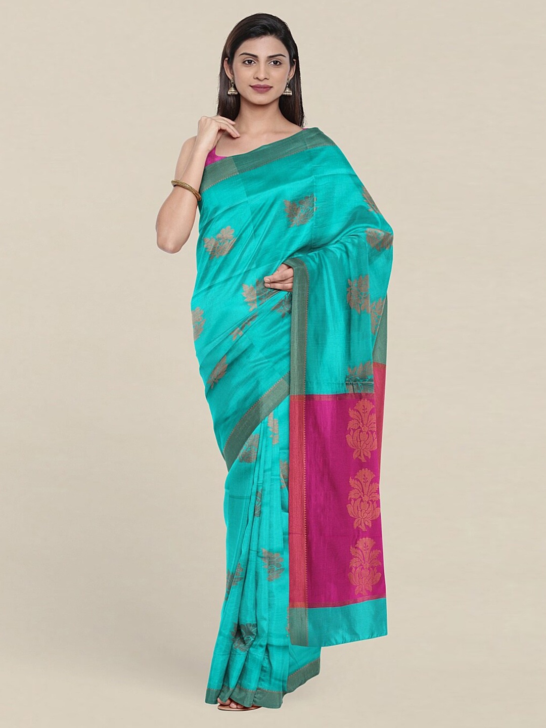 

Pothys Green & Pink Woven Design Zari Pure Cotton Saree