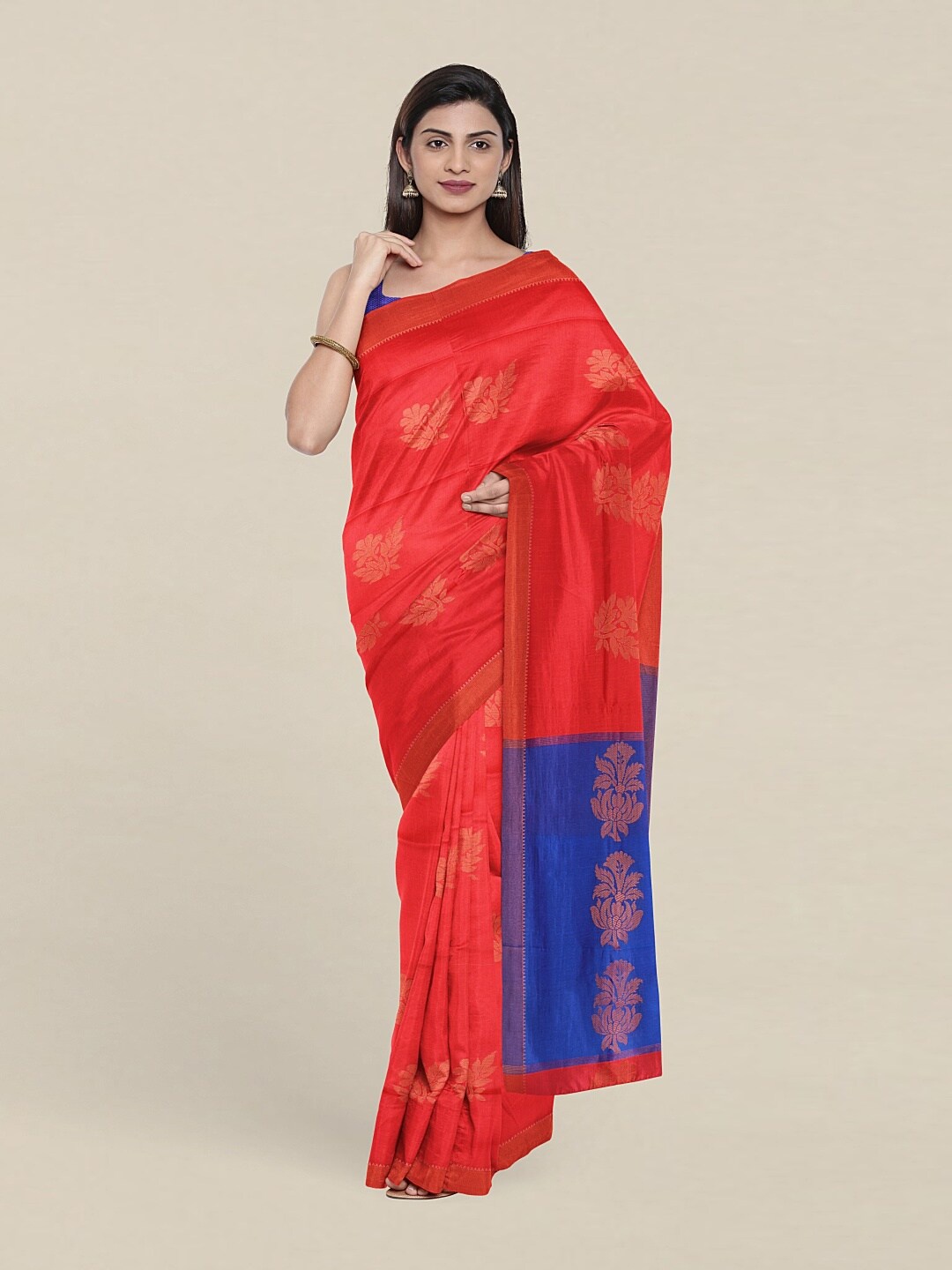 

Pothys Red & Blue Woven Design Zari Pure Cotton Saree
