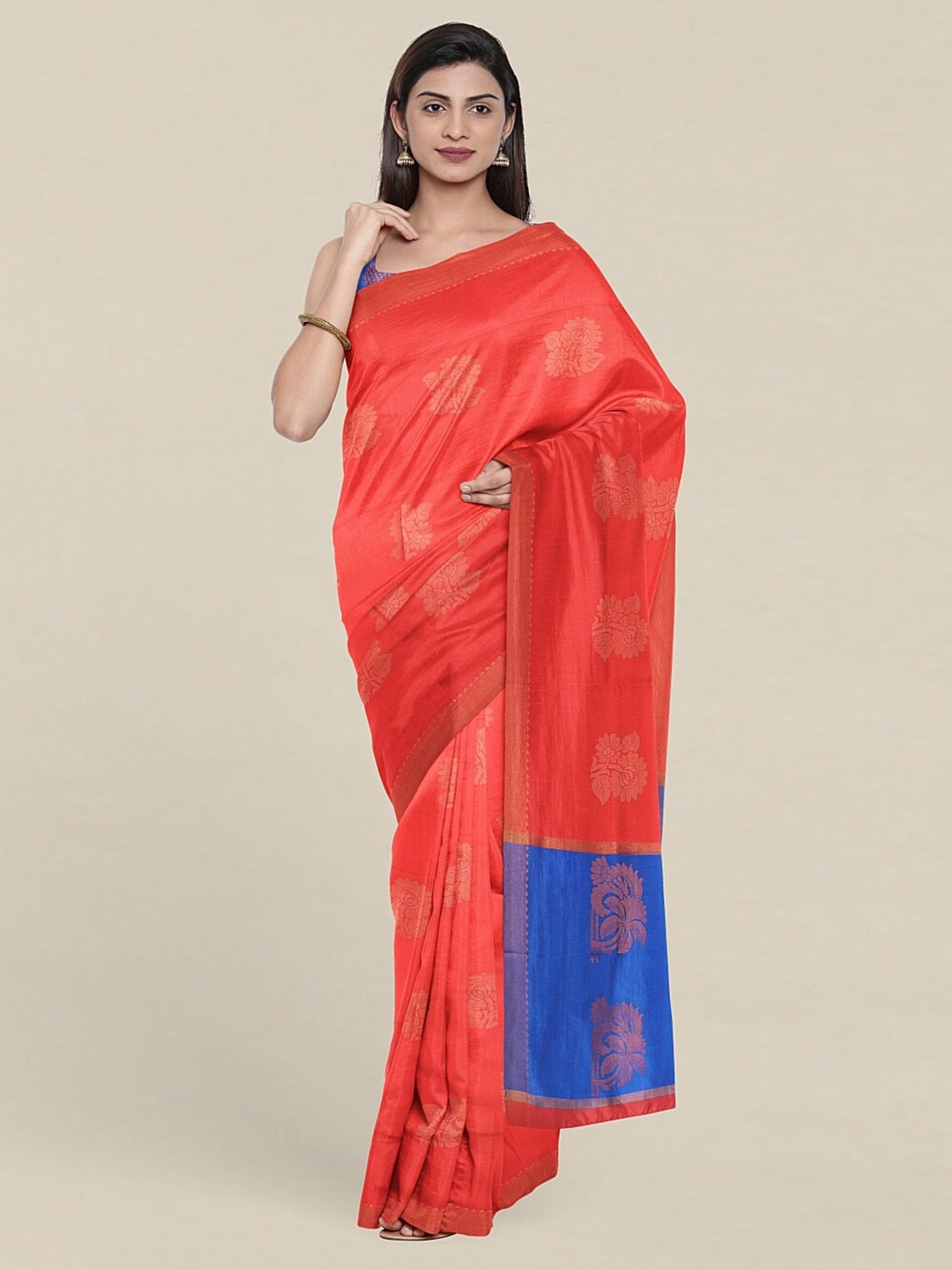 

Pothys Coral & Blue Woven Design Zari Pure Cotton Saree