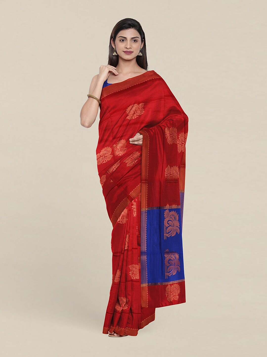

Pothys Red & Blue Woven Design Zari Pure Cotton Saree