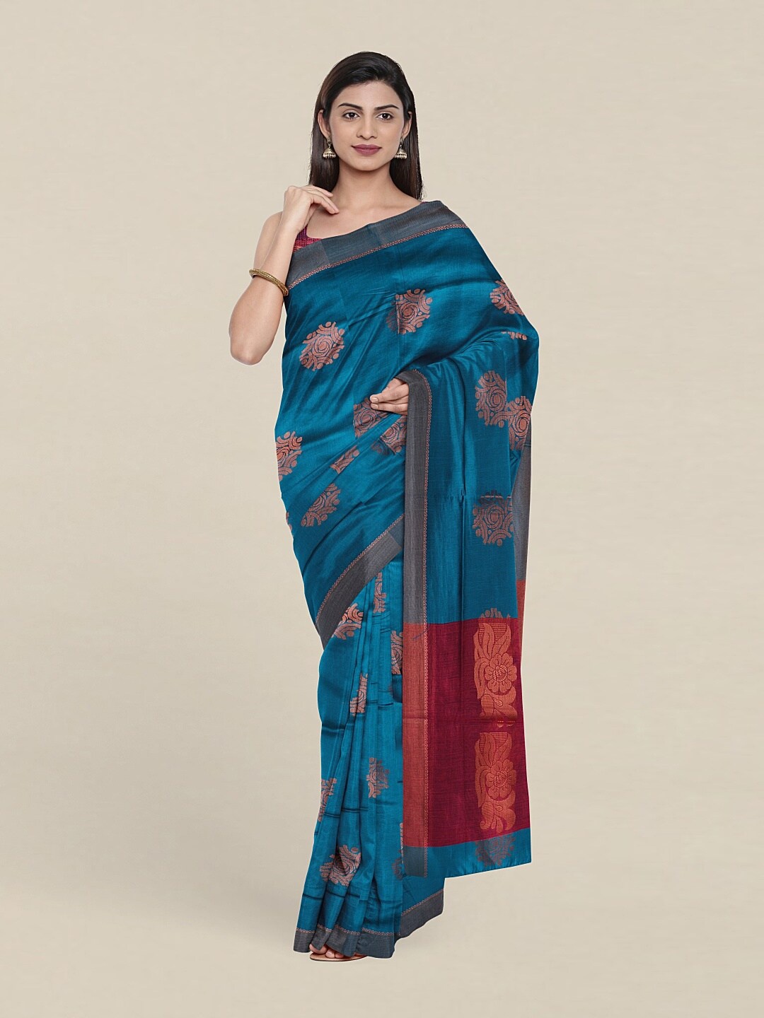 

Pothys Teal & Maroon Woven Design Schiffli Pure Cotton Saree