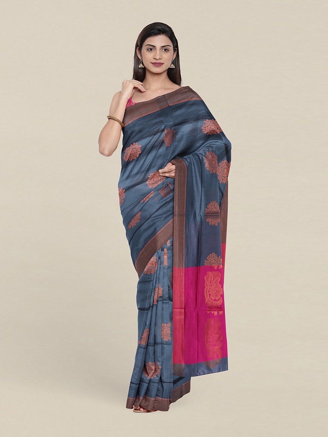 

Pothys Grey & Pink Woven Design Zari Pure Cotton Saree