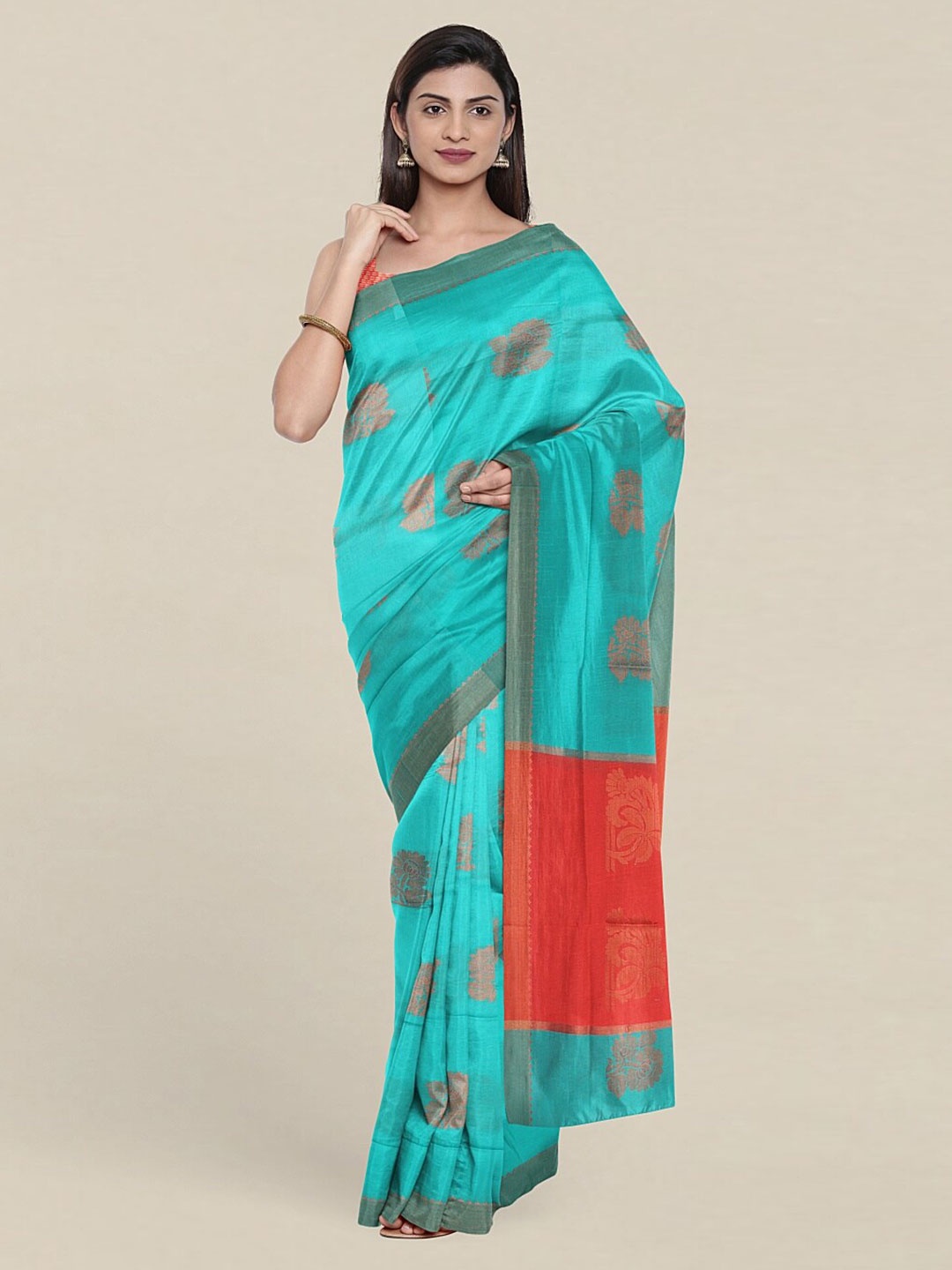 

Pothys Green & Orange Woven Design Zari Pure Cotton Saree