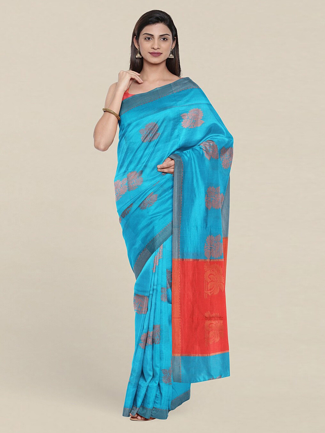 

Pothys Blue & Orange Woven Design Zari Pure Cotton Saree