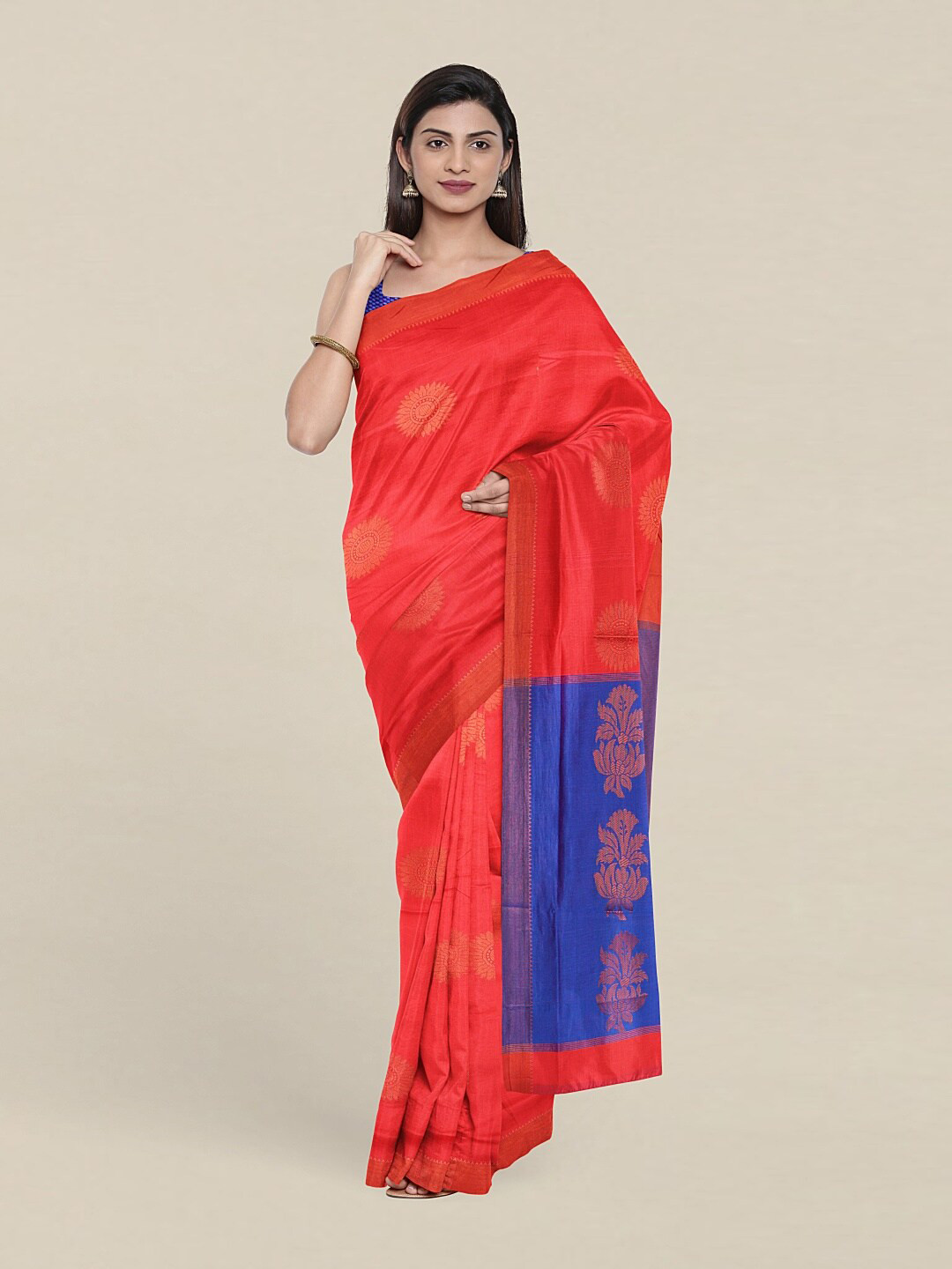 

Pothys Red & Blue Woven Design Zari Pure Cotton Saree