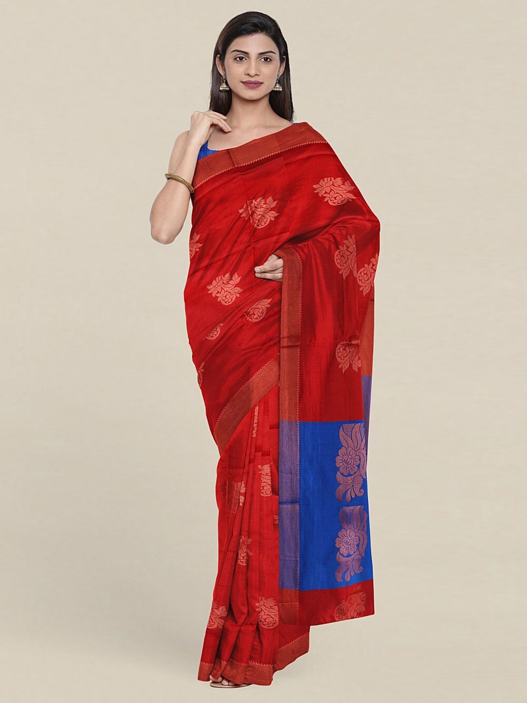 

Pothys Maroon & Blue Woven Design Zari Pure Cotton Saree