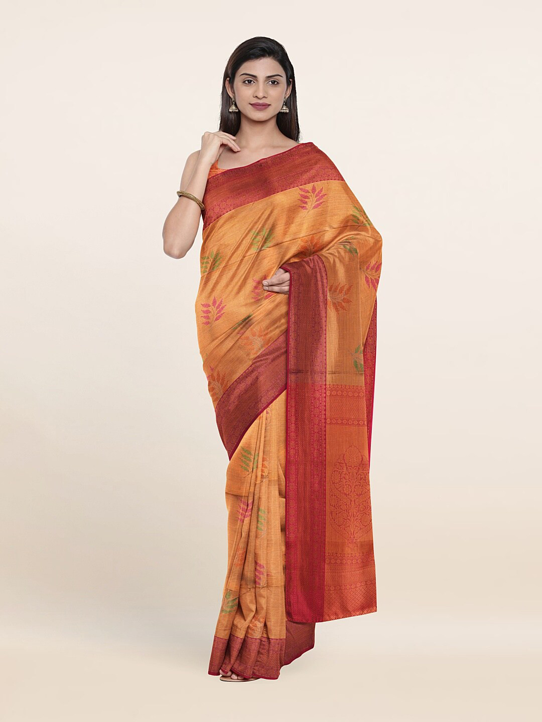 

Pothys Copper-Toned & Green Woven Design Zari Art Silk Saree