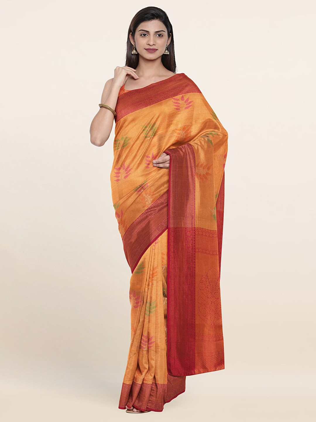 

Pothys Peach-Coloured & Green Ethnic Motifs Zari Art Silk Saree