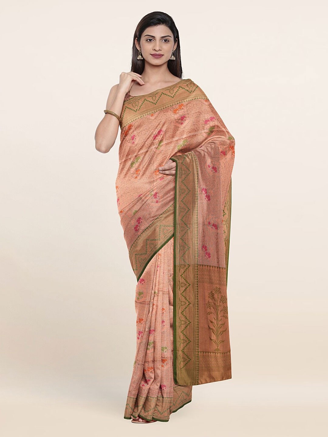 

Pothys Peach & Green Woven Design Zari Art Silk Saree