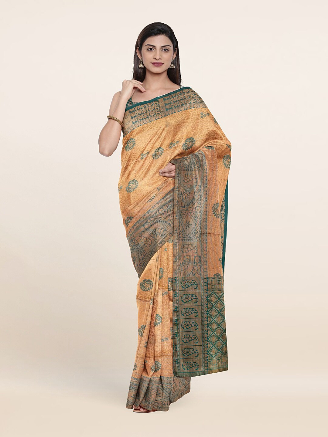 

Pothys Peach-Coloured & Green Woven Design Zari Art Silk Saree