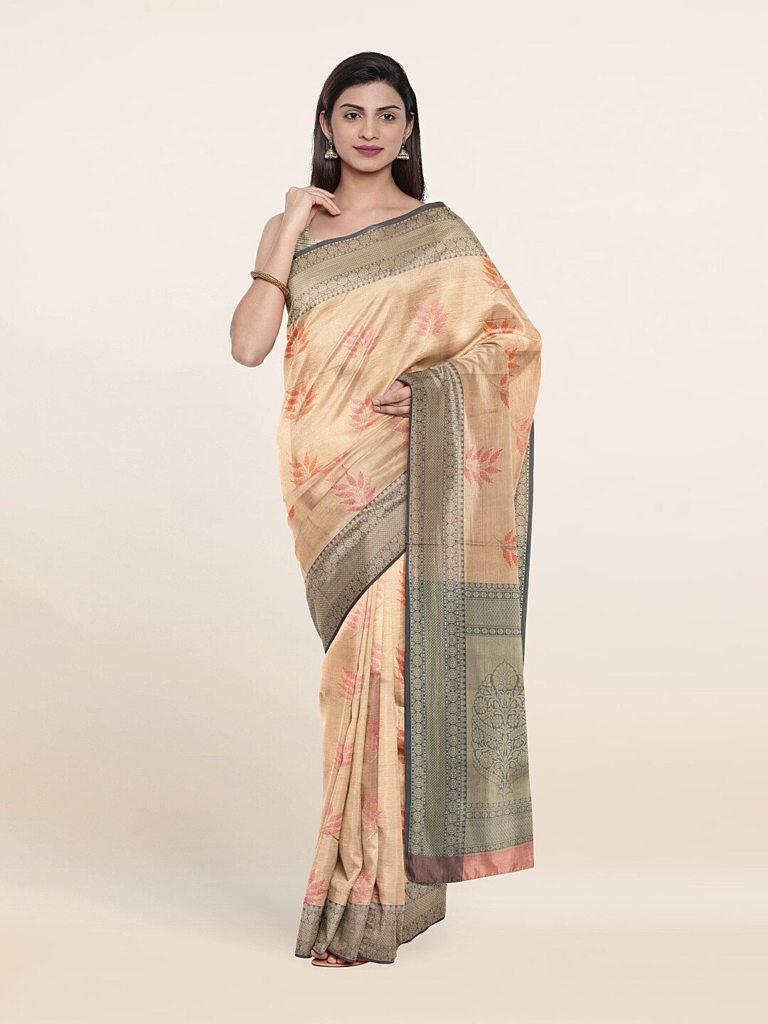 

Pothys Cream-Coloured & Green Woven Design Zari Art Silk Saree