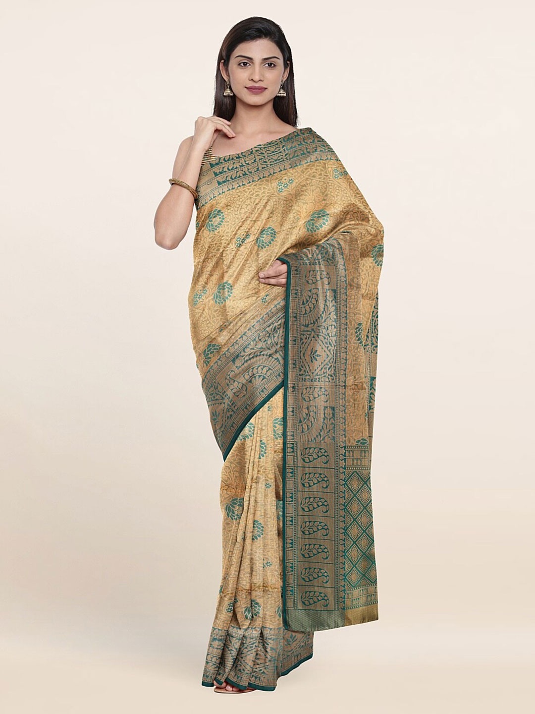 

Pothys Cream-Coloured & Green Woven Design Zari Art Silk Saree