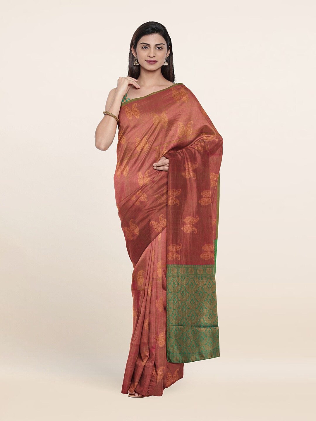 

Pothys Peach-Coloured & Green Woven Design Zari Pure Silk Saree