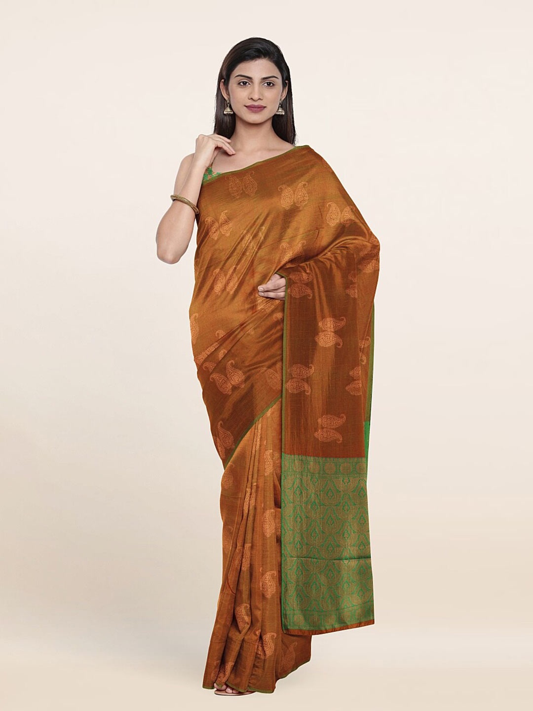 

Pothys Brown & Green Paisley Zari Pure Silk Saree