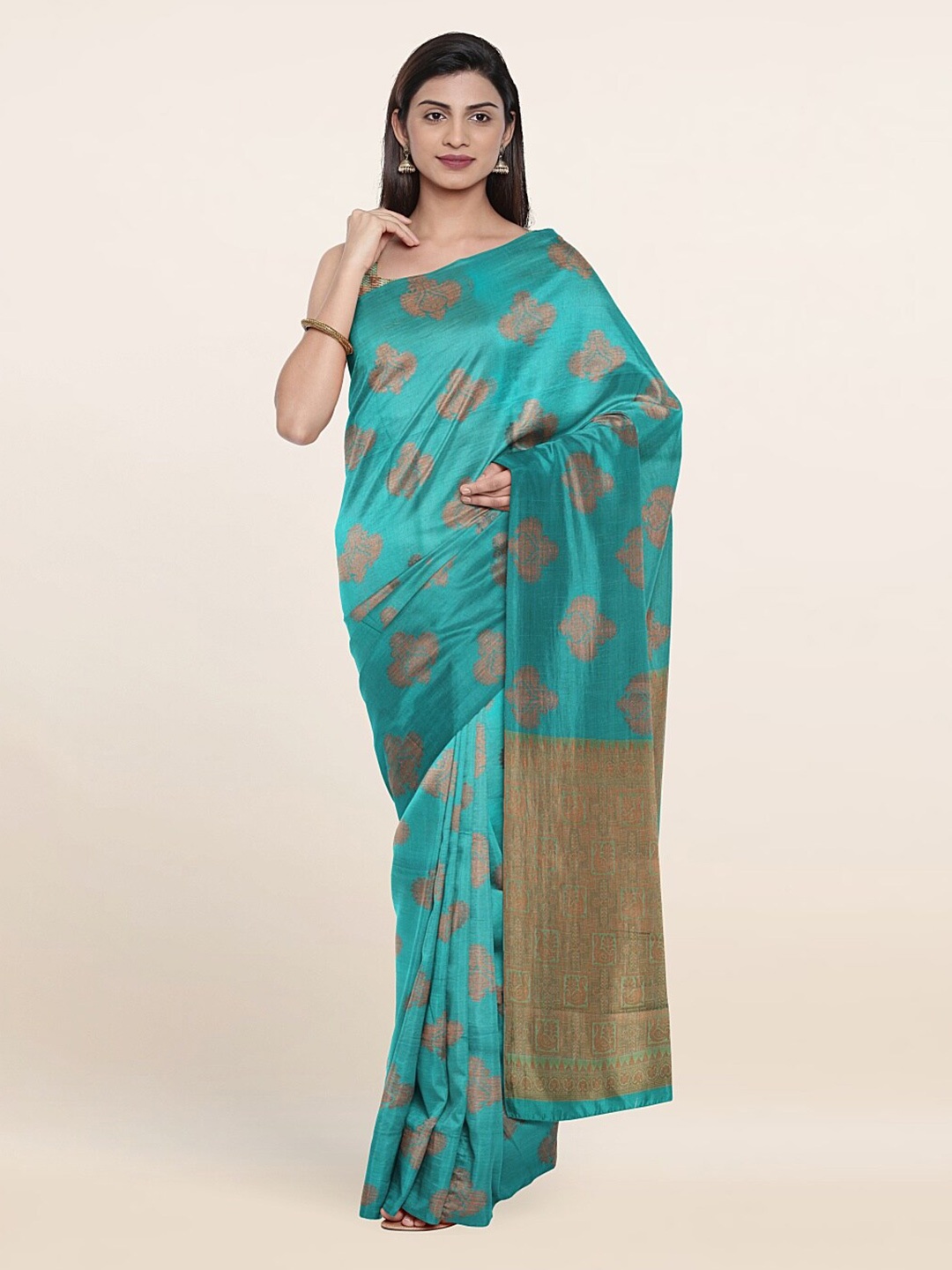 

Pothys Blue & Copper-Toned Woven Design Pure Silk Saree