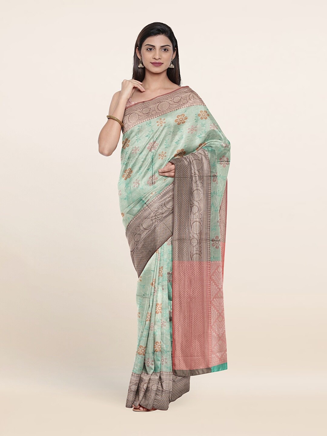

Pothys Green & Peach-Coloured Woven Design Zari Art Silk Saree