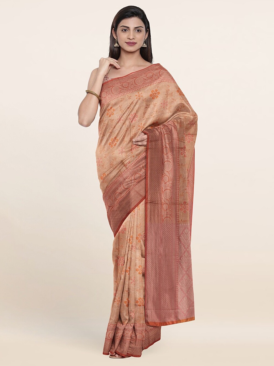 

Pothys Peach-Coloured & Red Woven Design Zari Art Silk Saree