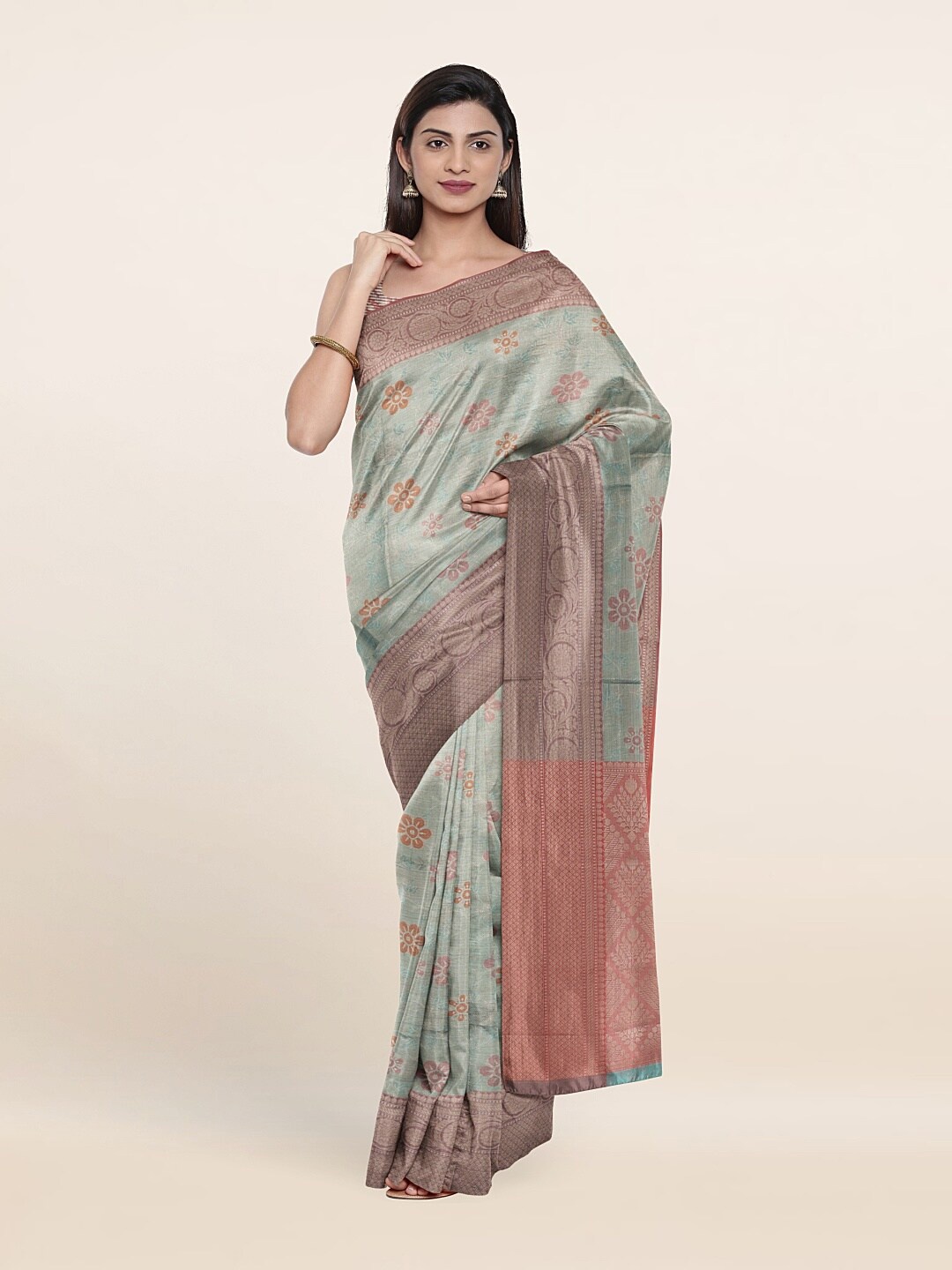 

Pothys Blue & Peach-Coloured Woven Design Zari Art Silk Saree