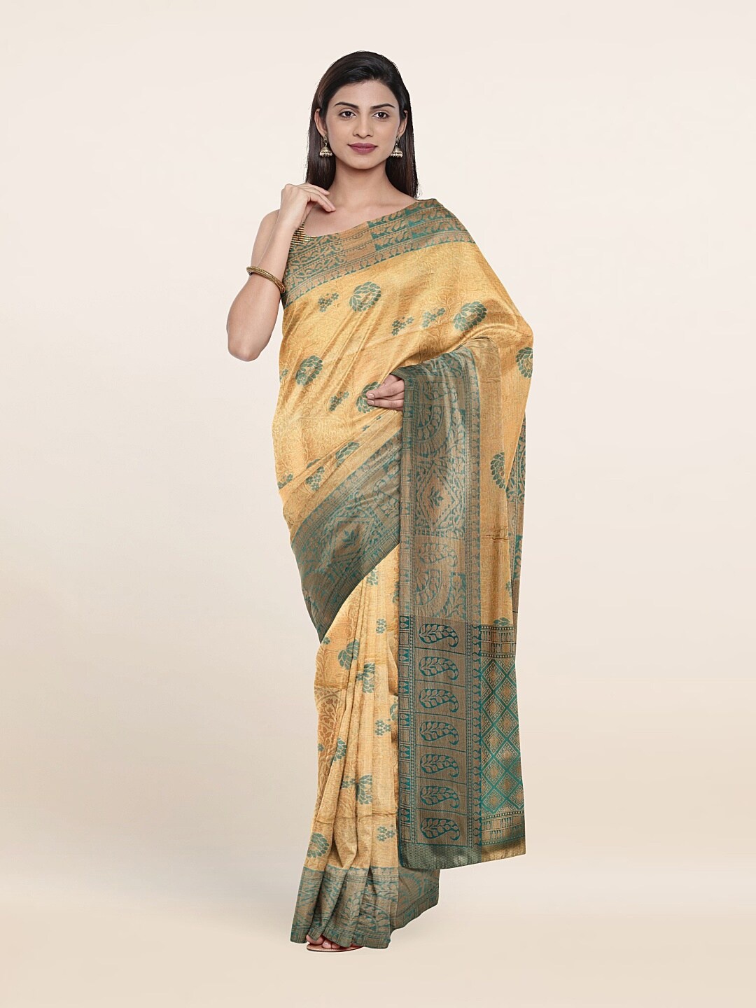 

Pothys Cream-Coloured & Yellow Woven Design Zari Art Silk Saree