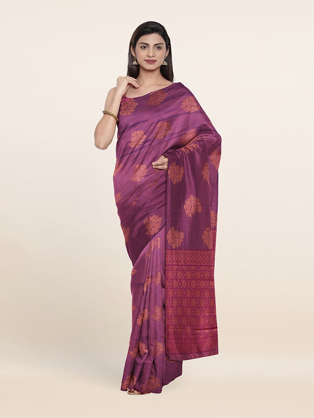

Pothys Purple & Copper-Toned Woven Design Zari Pure Silk Saree