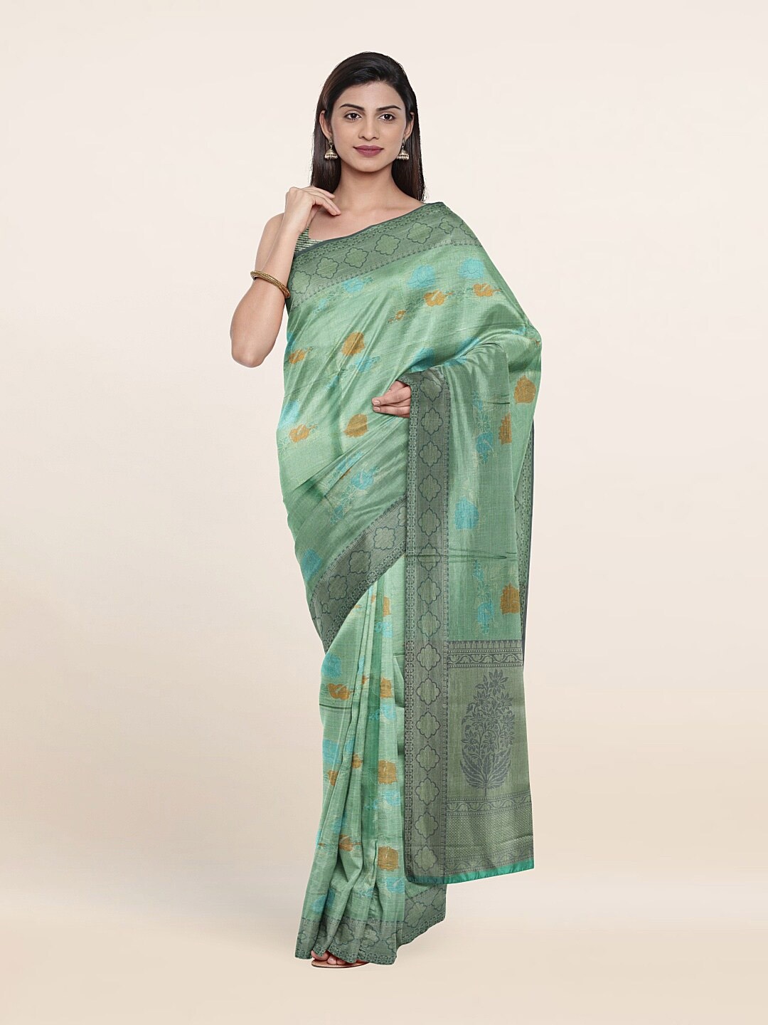 

Pothys Green & Silver-Toned Woven Design Zari Art Silk Saree