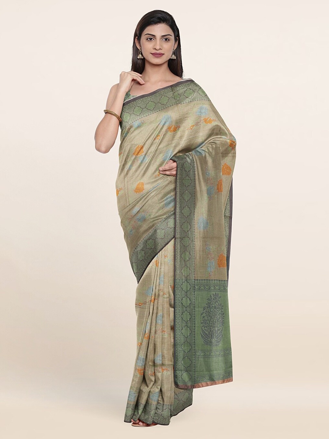 

Pothys Green & Silver-Toned Woven Design Zari Art Silk Saree