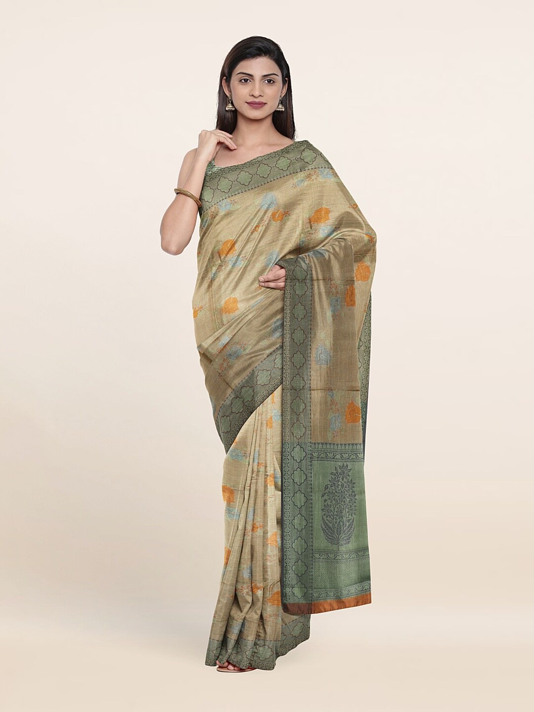 

Pothys Peach-Coloured & Green Woven Design Zari Art Silk Saree