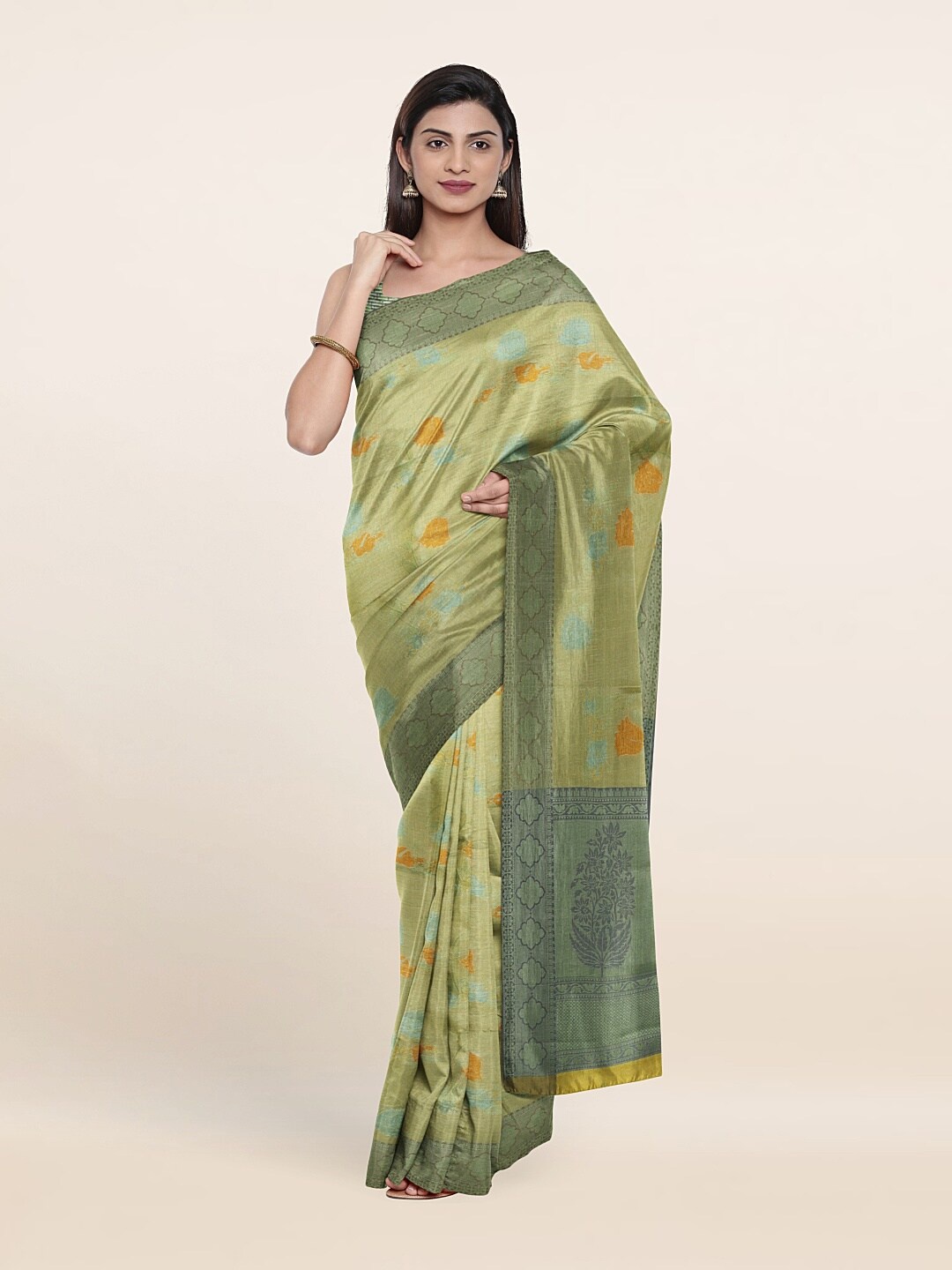 

Pothys Green & Silver-Toned Woven Design Zari Art Silk Saree