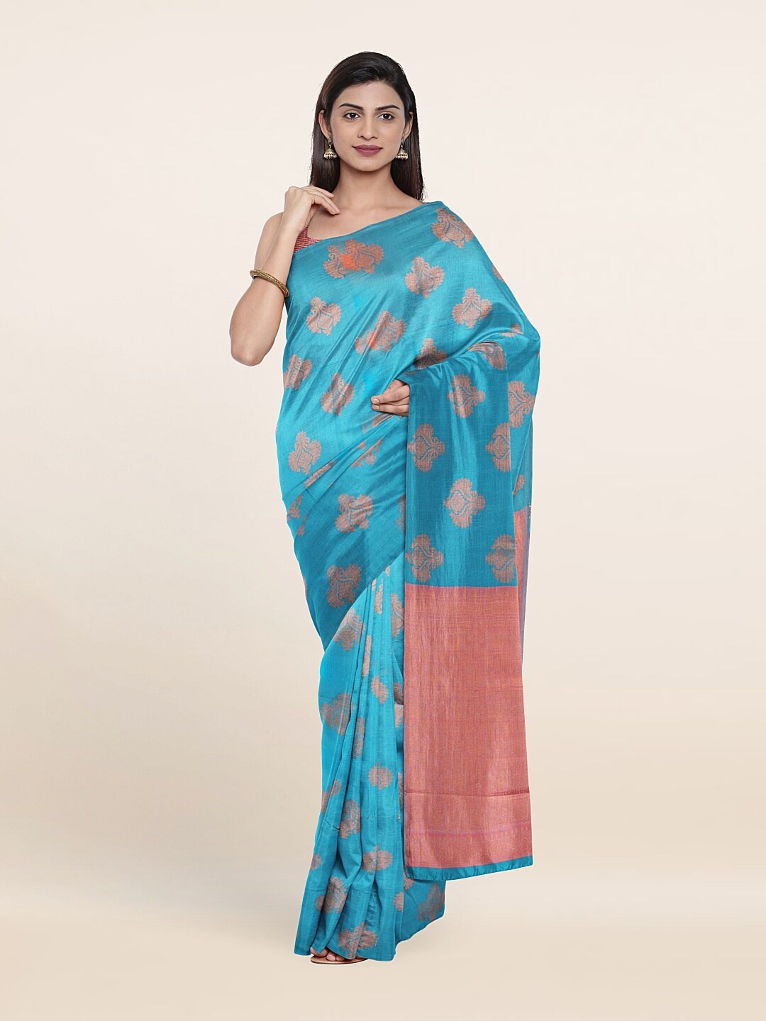 

Pothys Blue & Peach-Coloured Woven Design Zari Pure Silk Saree