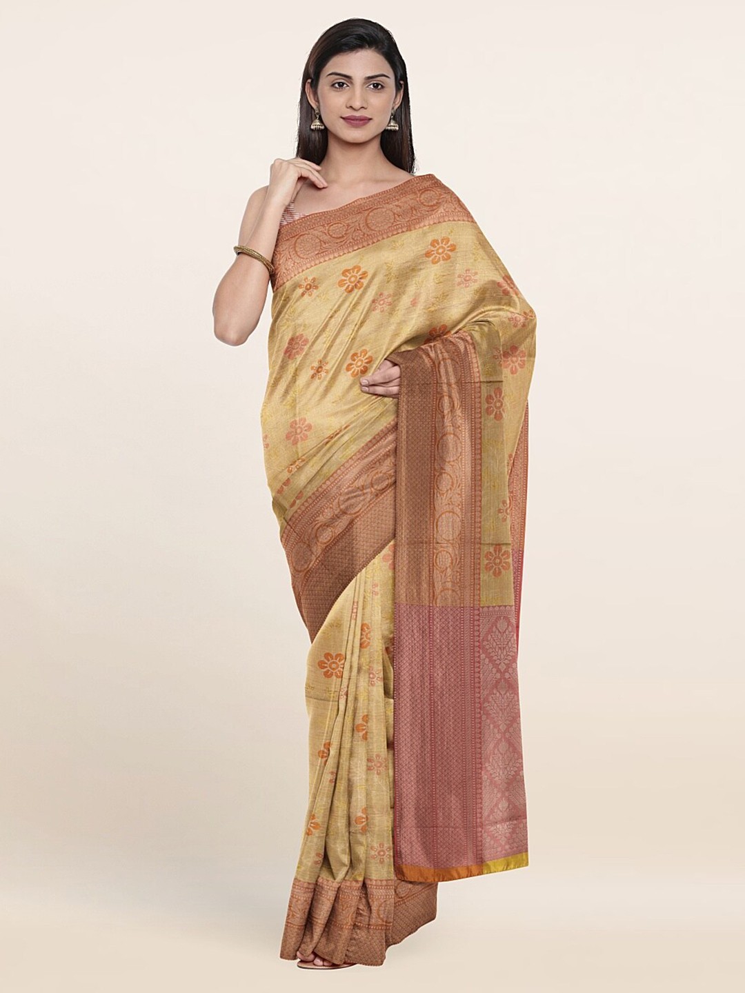 

Pothys Yellow & Peach-Coloured Woven Design Zari Art Silk Saree