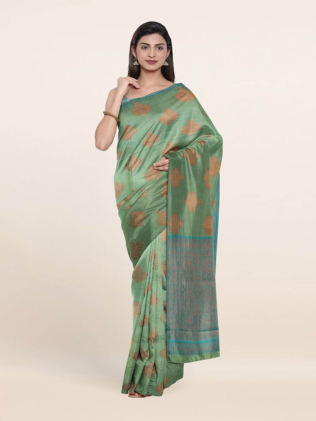 

Pothys Green & Copper-Toned Woven Design Zari Pure Silk Saree