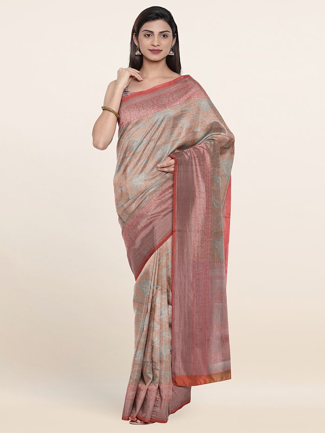 

Pothys Peach-Coloured & Silver-Toned Woven Design Zari Art Silk Saree