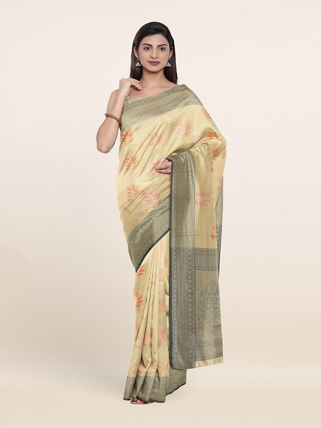 

Pothys Cream-Coloured & Green Woven Design Zari Art Silk Saree