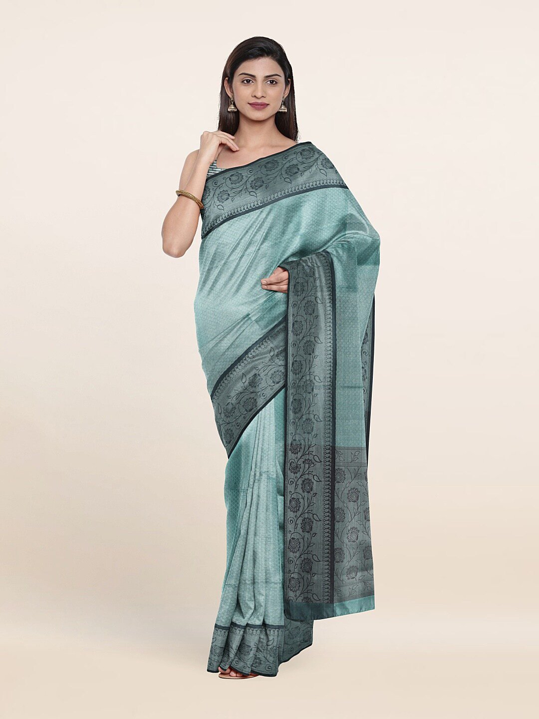 

Pothys Blue & Silver-Toned Floral Zari Art Silk Saree