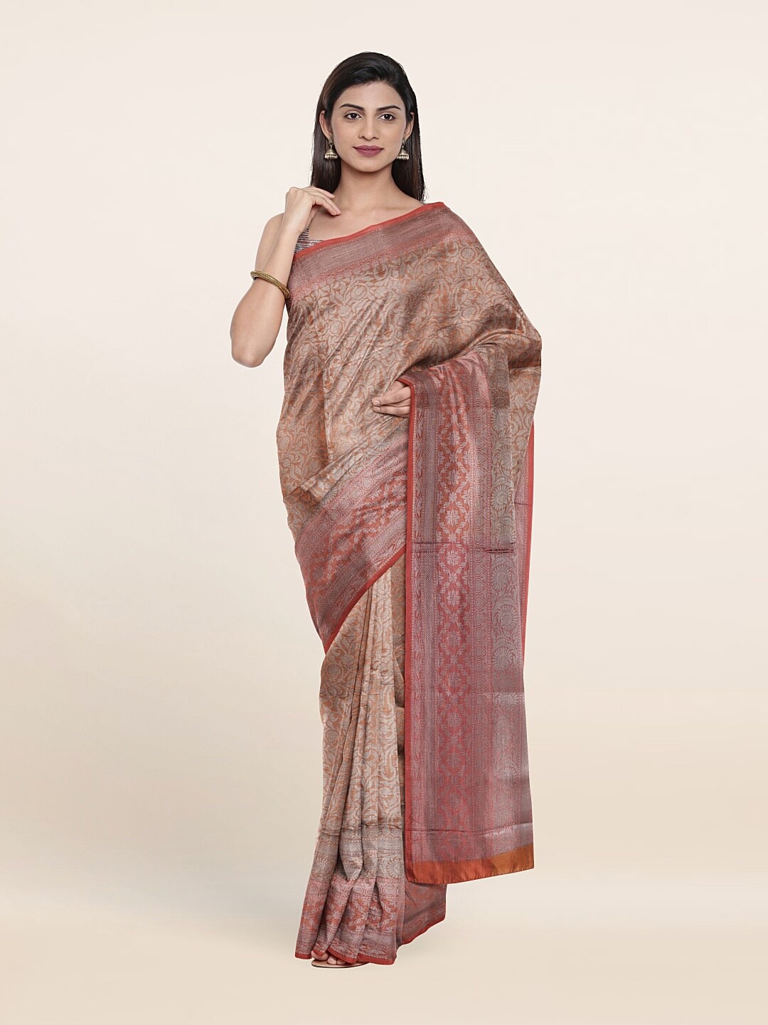 

Pothys Peach-Coloured & Red Woven Design Zari Art Silk Saree