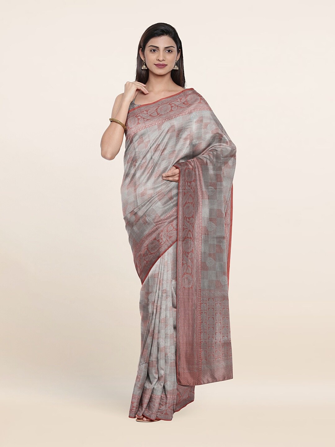 

Pothys Peach-Coloured & Silver-Toned Woven Design Zari Art Silk Saree