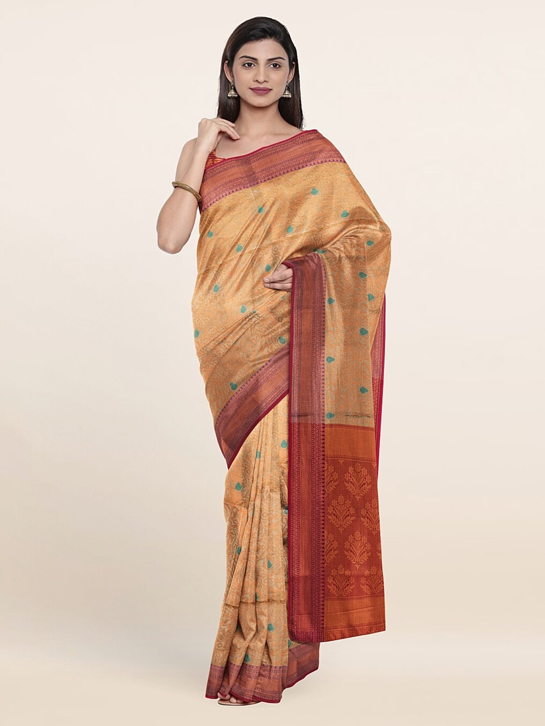 

Pothys Cream-Coloured & Rust Woven Design Zari Art Silk Saree