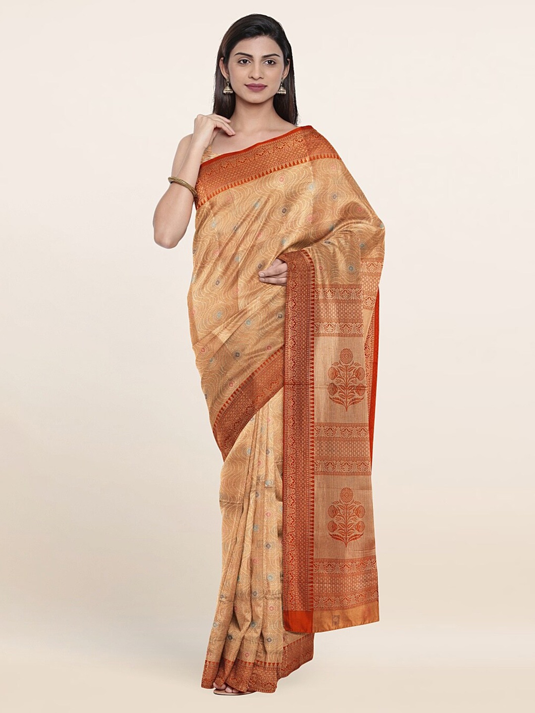 

Pothys Beige & Gold-Toned Ethnic Motifs Art Silk Saree