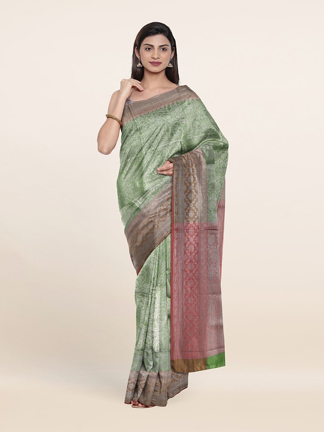 

Pothys Green & Silver-Toned Woven Design Zari Art Silk Saree