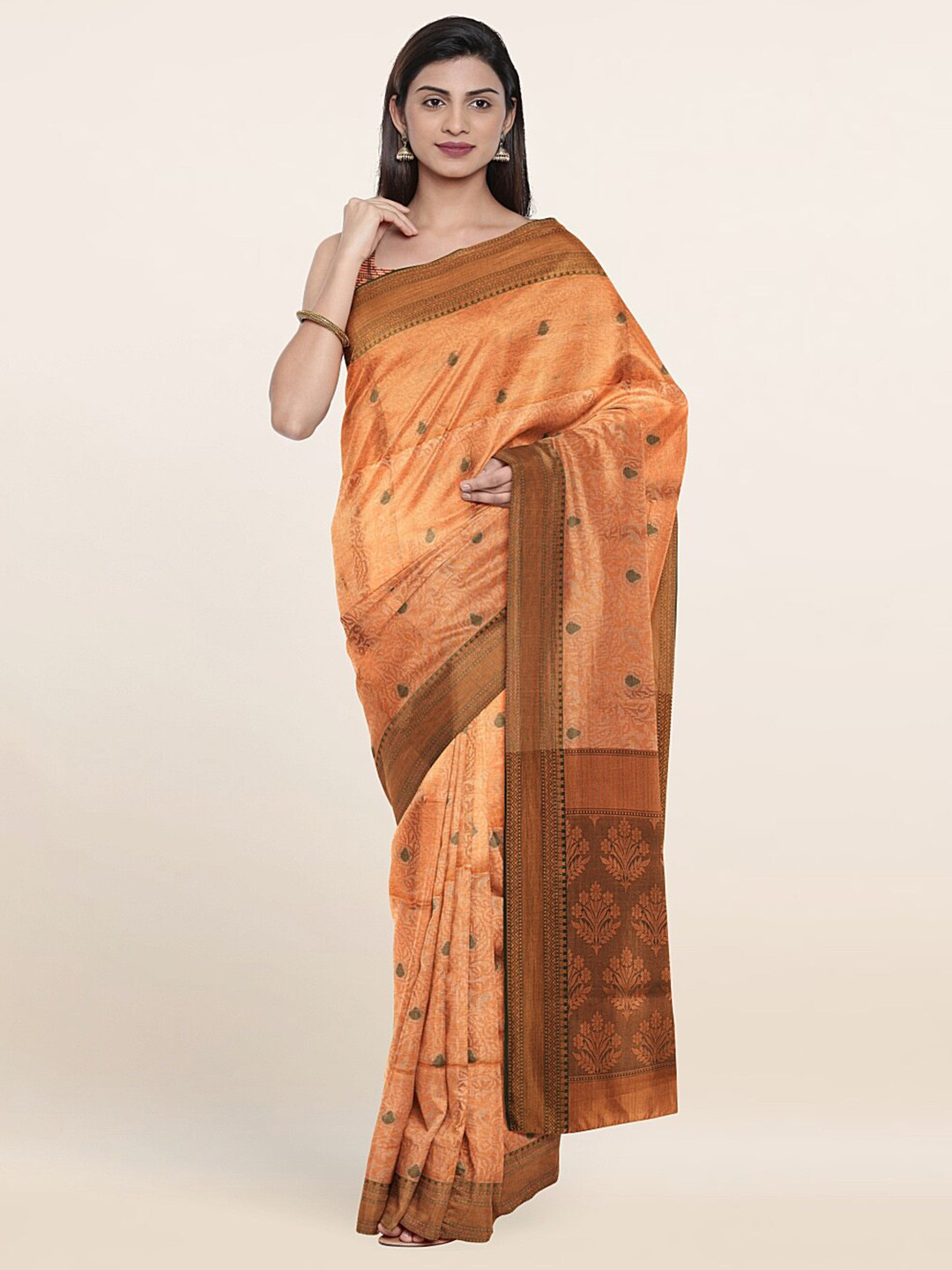 

Pothys Peach-Coloured & Brown Floral Zari Art Silk Saree