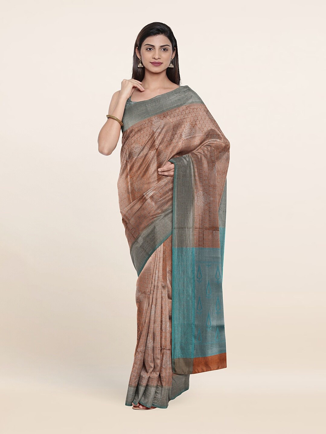 

Pothys Copper-Toned & Turquoise Blue Ethnic Motifs Zari Art Silk Saree