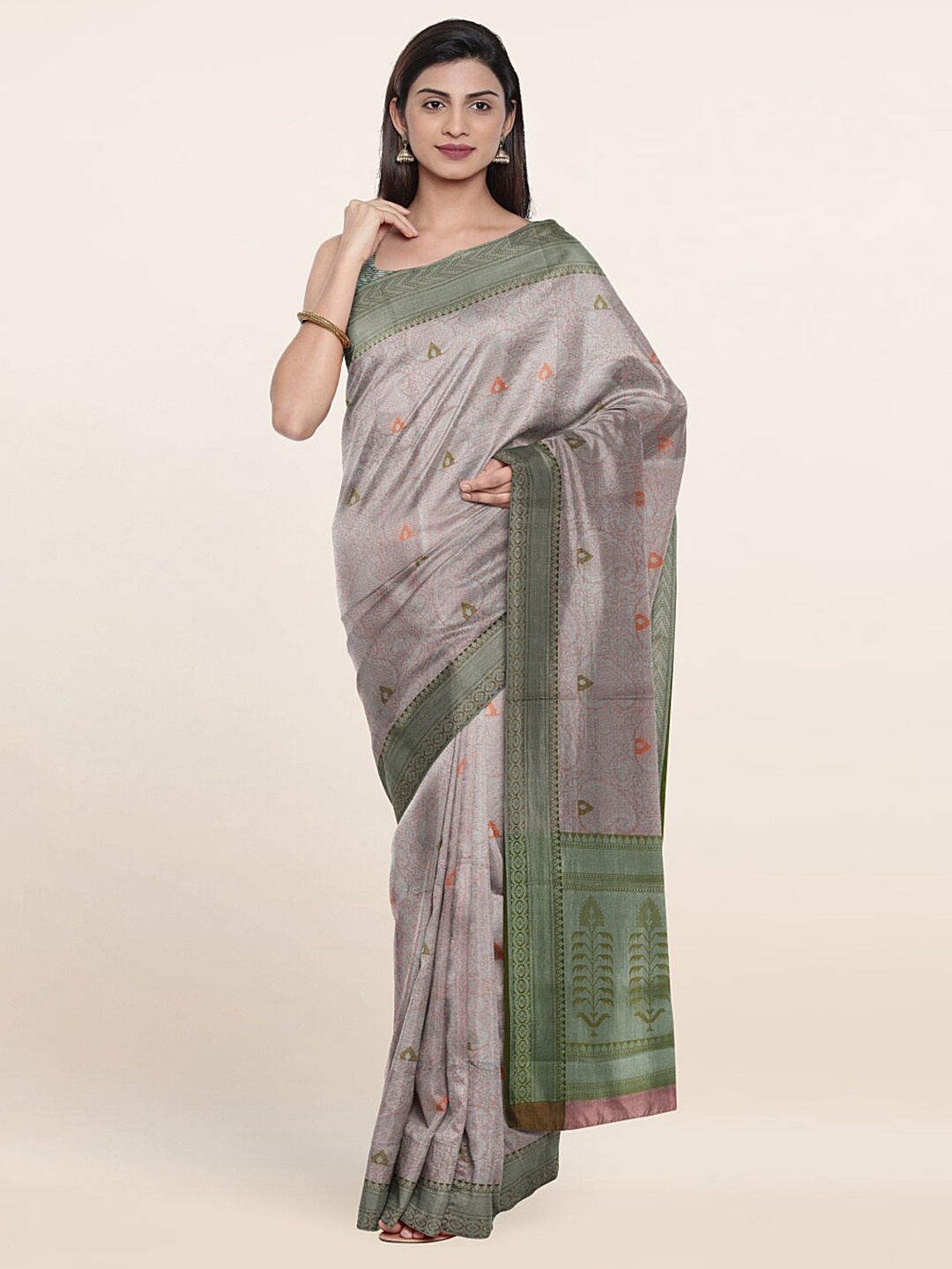 

Pothys Grey & Green Ethnic Motifs Zari Art Silk Saree