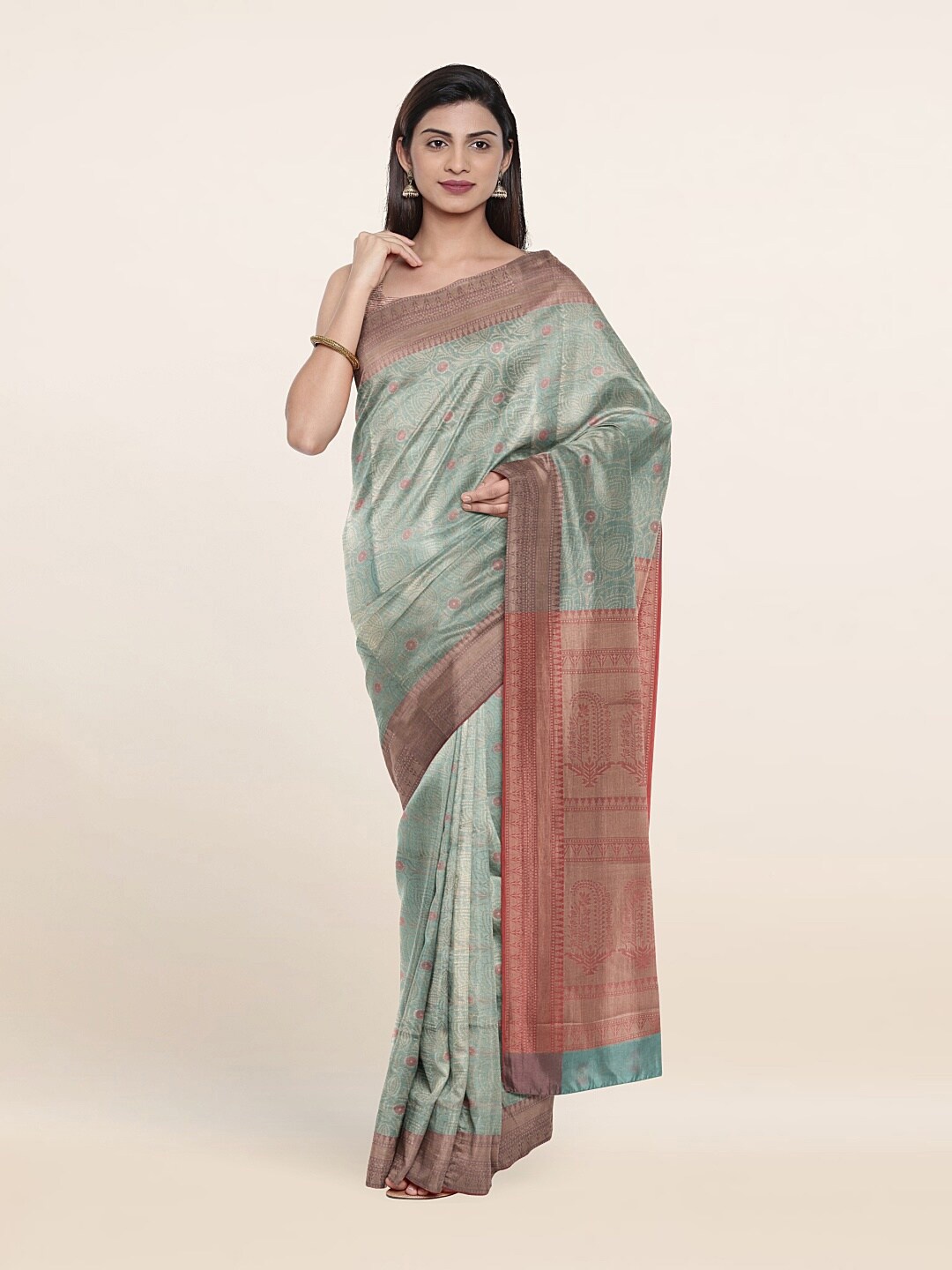

Pothys Sea Green & Peach-Coloured Floral Zari Art Silk Saree
