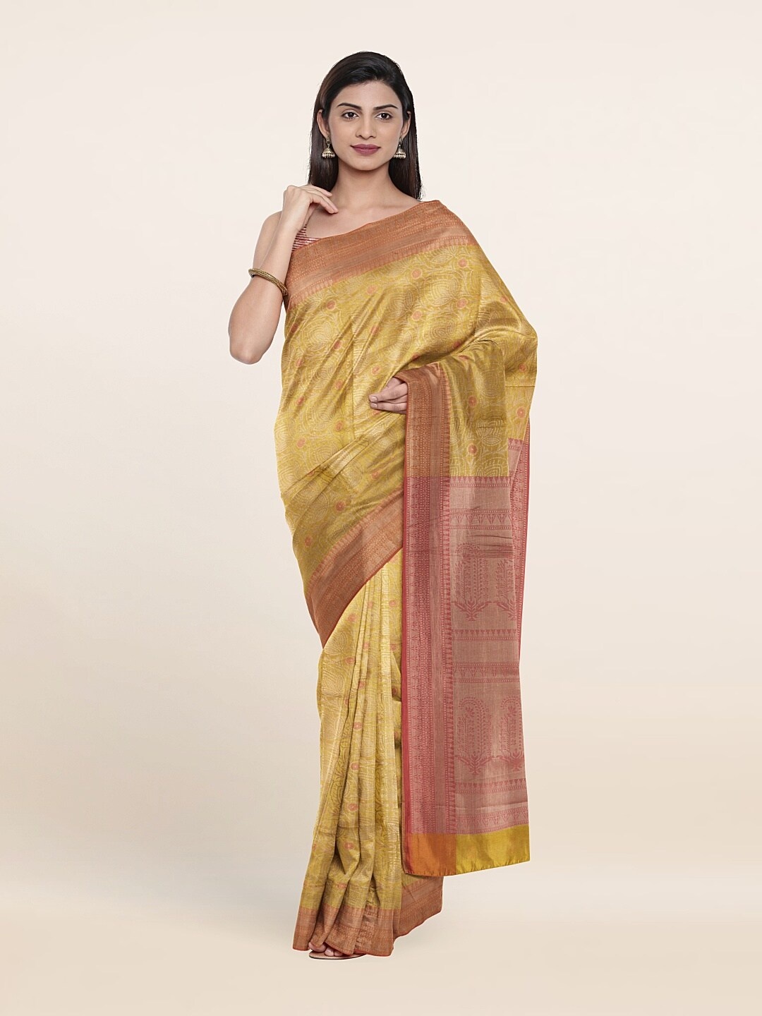 

Pothys Yellow & Peach-Coloured Ethnic Motifs Zari Art Silk Saree