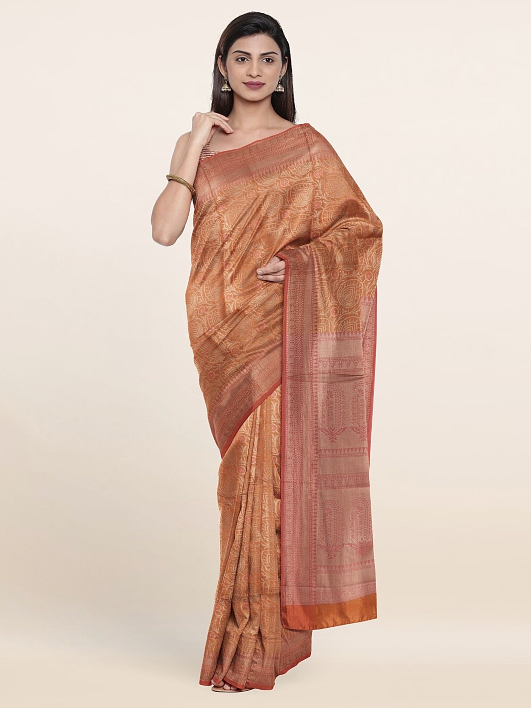 

Pothys Peach-Coloured & Silver-Toned Woven Design Zari Art Silk Saree
