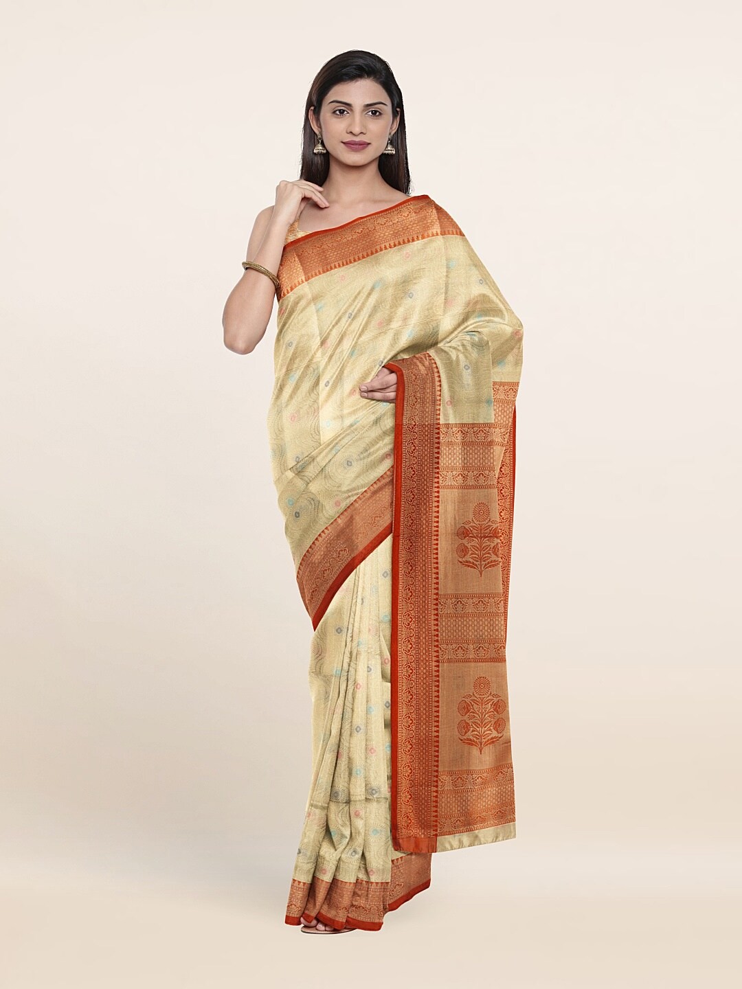 

Pothys Cream-Coloured & Red Woven Design Zari Art Silk Saree
